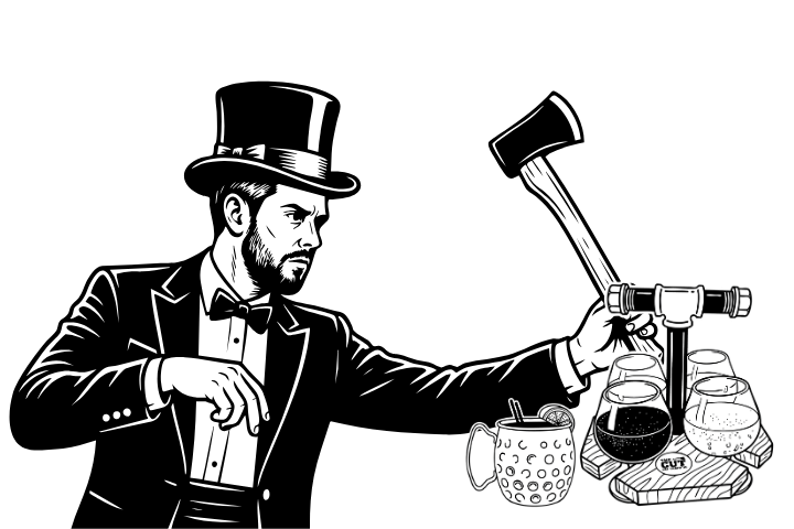 A man dressed as Abraham Lincoln looking through a microscope at various drinks with ice on a black background.