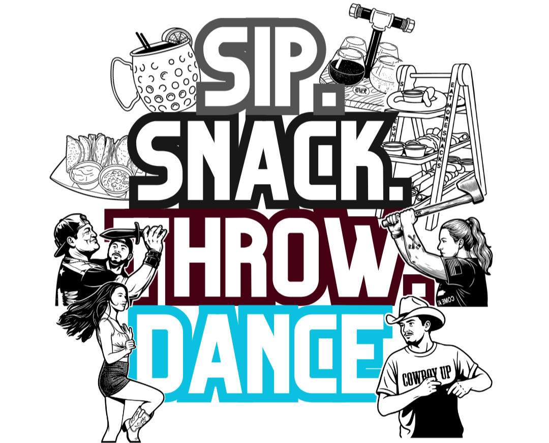 Illustration with text 'SIP. SNACK. THROW. DANCE' surrounded by depictions of food, drinks, and people dancing and throwing objects at a barbecue or tailgate event.