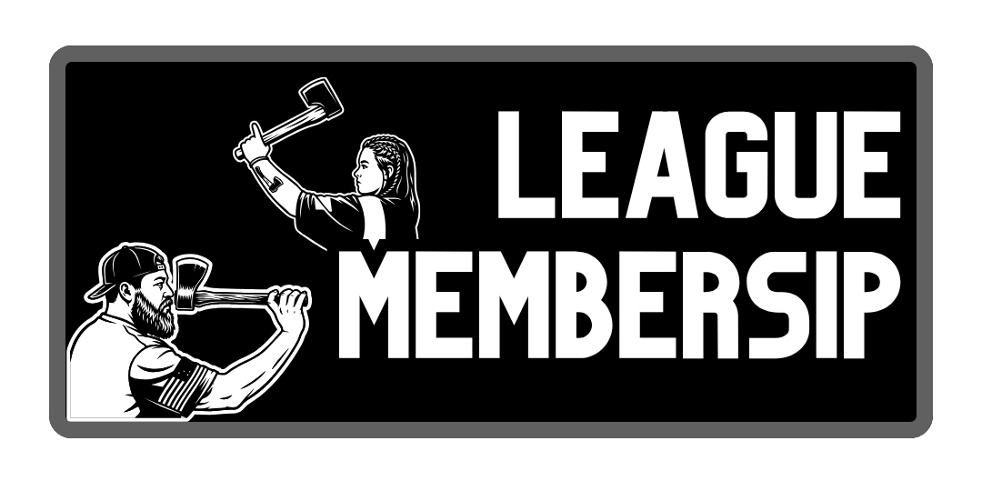 Illustration of a woman with braid holding an axe and a bearded man with a cap holding an axe, along with the text 'League Membership' in bold letters on a black background.