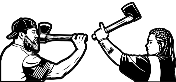 Illustration of a man and woman facing each other, using axes to hit a baseball bat held by the other.