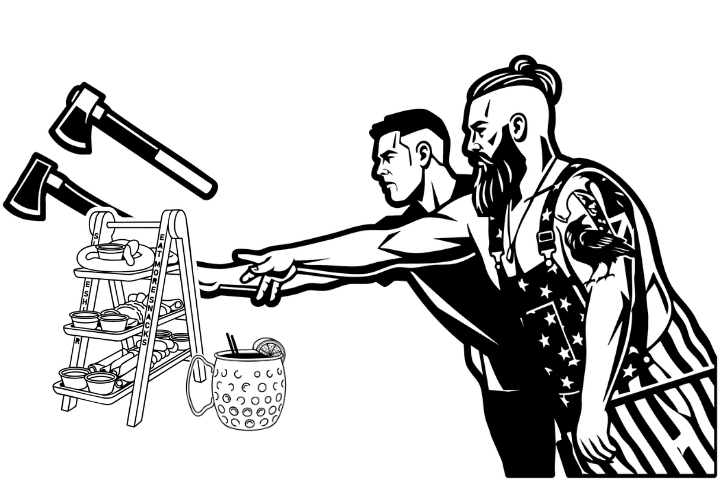 Two men, one with a beard and a bun hairstyle, and the other with short hair, aim a hammer at a shelf with dishes, a cup, and utensils; a mug hangs from the shelf, and there is an axe near the hammer.