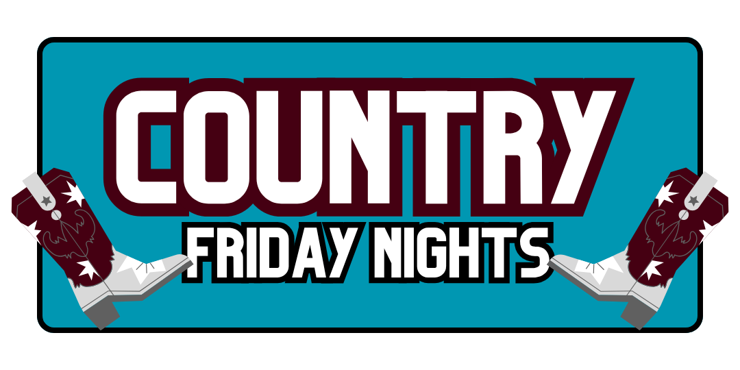 Logo for 'Country Friday Nights' featuring two hockey gloves with stars and a hockey stick on each side, against a teal background.