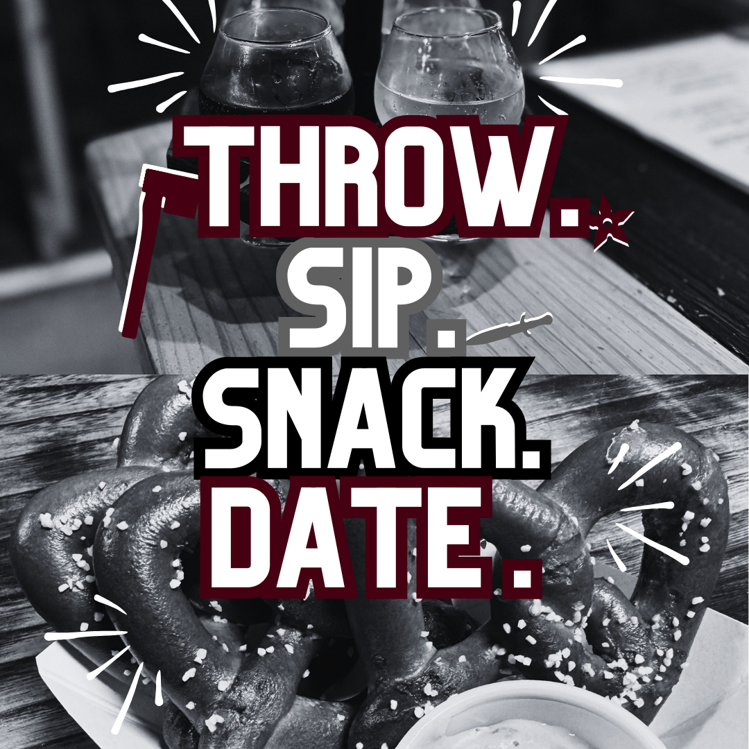 Two glasses of water and a large salted pretzel with a dipping sauce on a wooden table, with overlay text saying 'Throw. Sip. Snack. Date:'.
