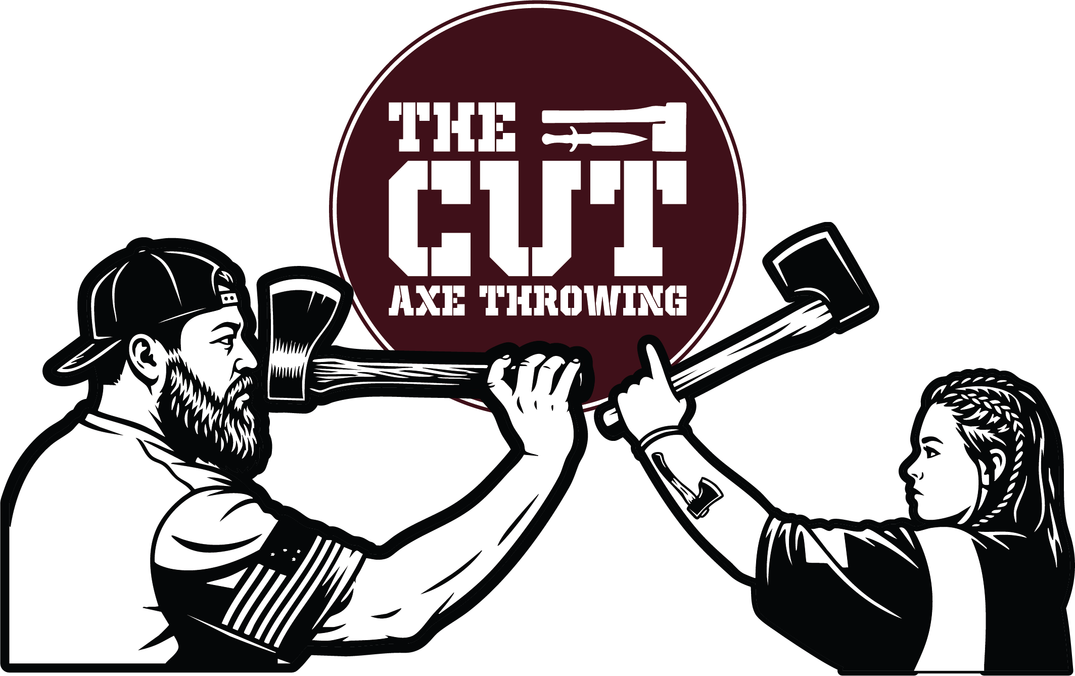 Illustration of a man and a girl arm wrestling, with a sign behind them that says 'The Guild Axe Throwing'.