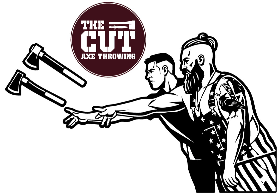 Illustration of two men with patriotic tattoos throwing axes, with a circular logo reading 'The Cut Axe Throwing' in the upper left.
