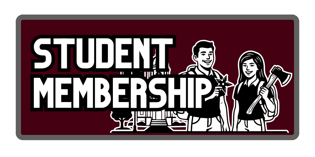 A sign promoting student membership featuring a boy and girl students smiling, holding a star and an axe, with a school building in the background.