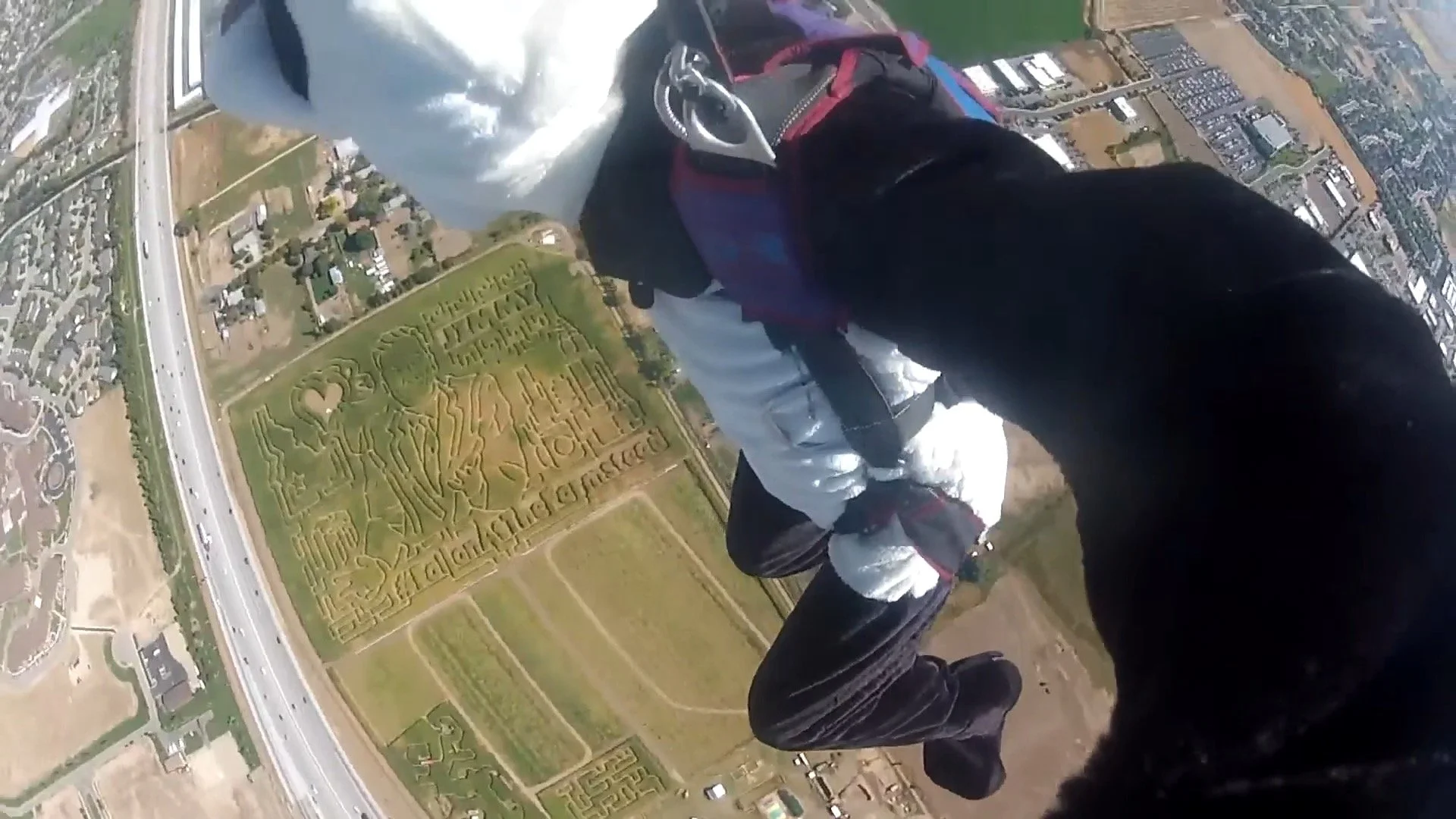 POV view from Hashtag the Panda during the skydive, looking down at the Farmstead corn maze while setting up for landing.