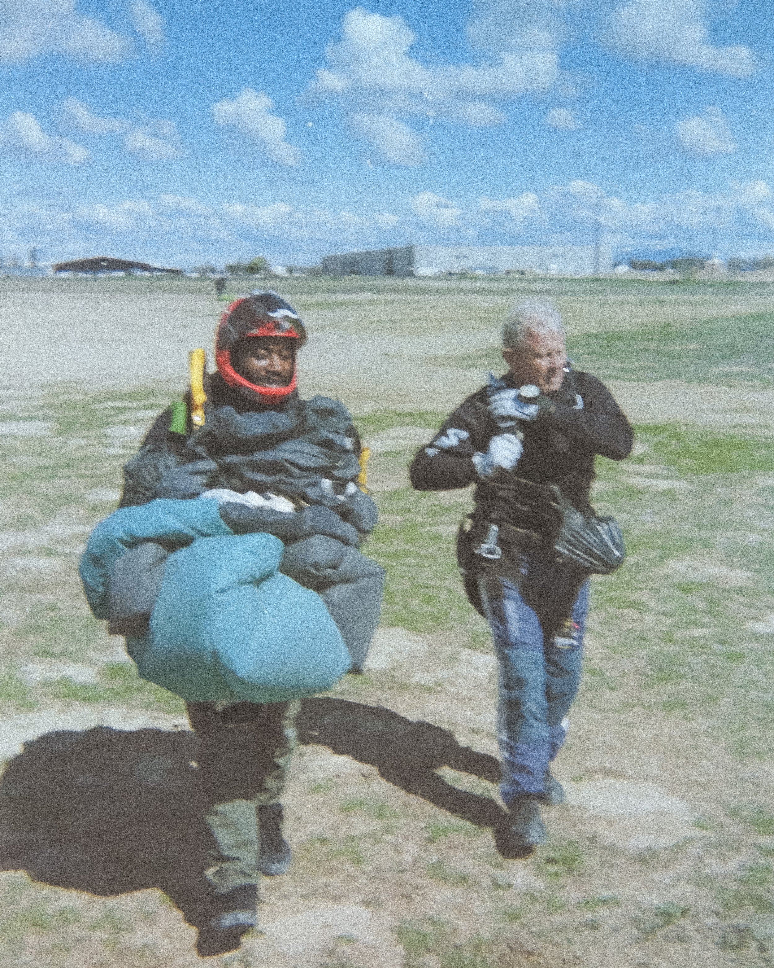 Jay Stokes and Oshea Abney after landing from a training skydive during the USPA / UPT tandem instructor course at Skydive Skydown.