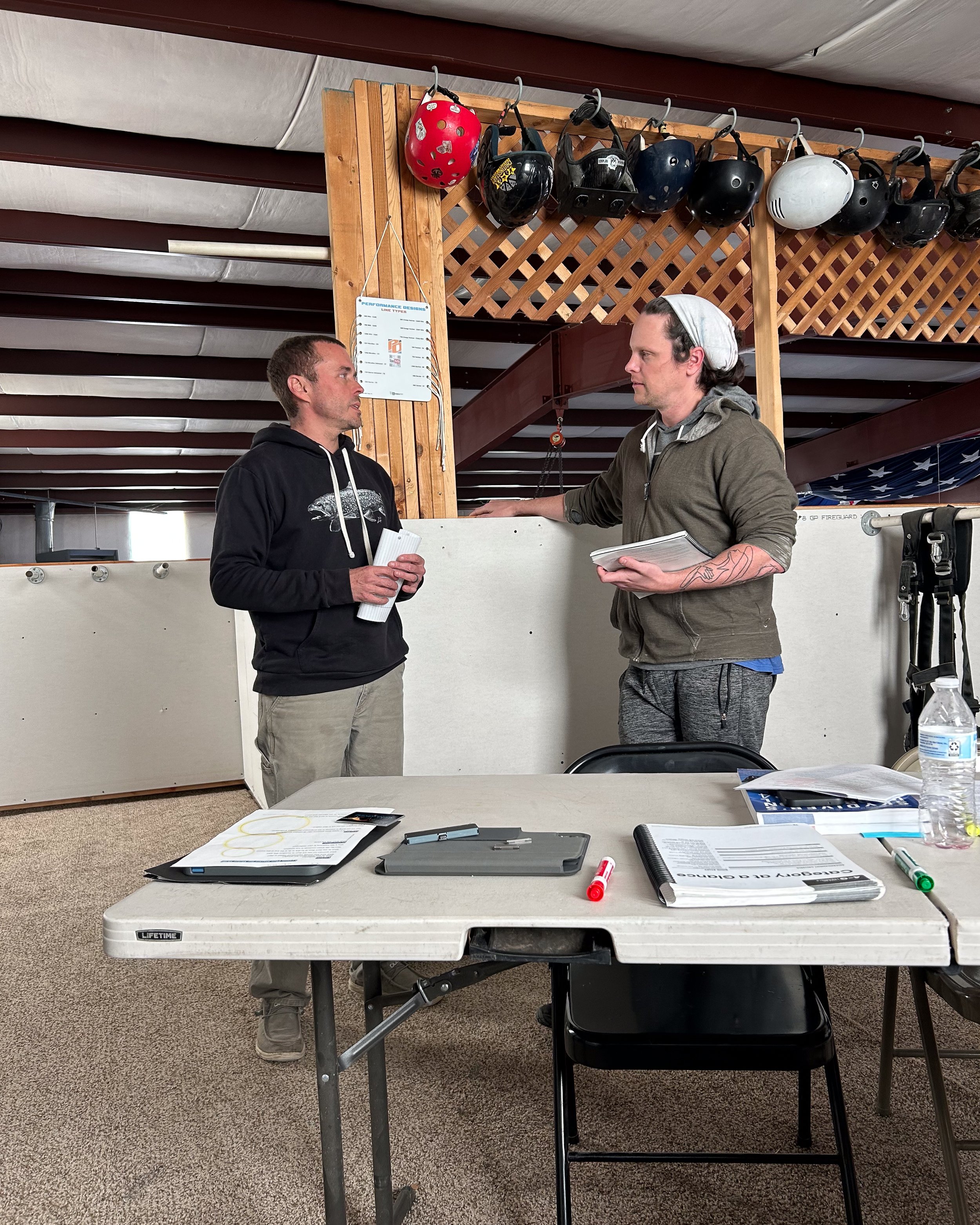 Coach candidates Brandon Dumont and Richard Tralewski practicing training drills together during the Skydive Skydown coach course.