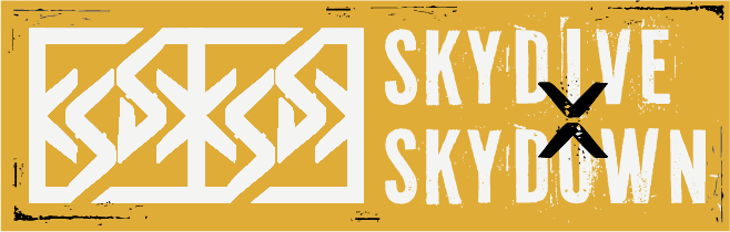 Logo with the words 'Skydive' and 'Skydown' and a stylized skydiving figure in black over a yellow background with a distressed texture.