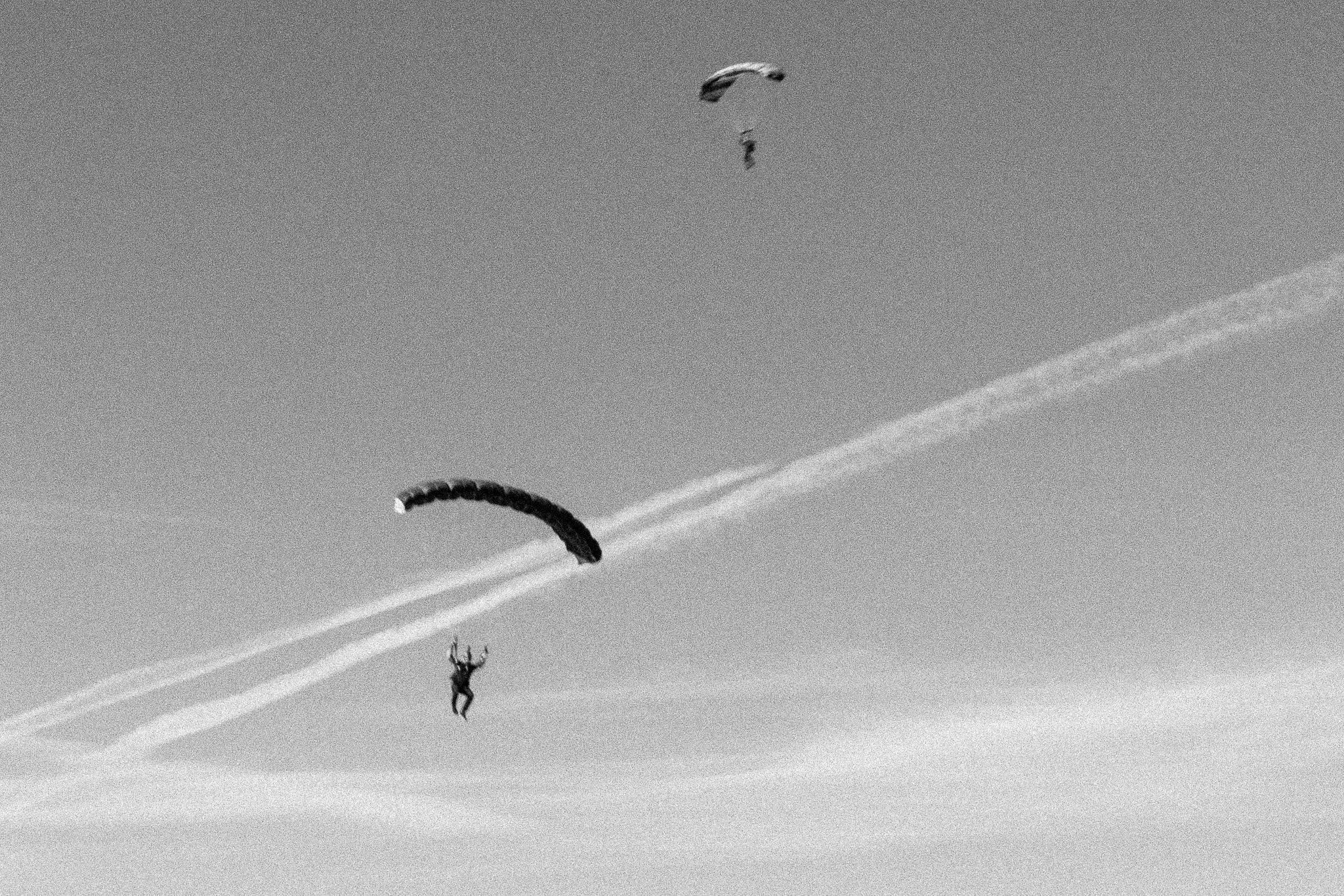 Black and white photo by Cassidy Carter capturing two skydivers under canopy flying in for landing at Skydive Skydown.