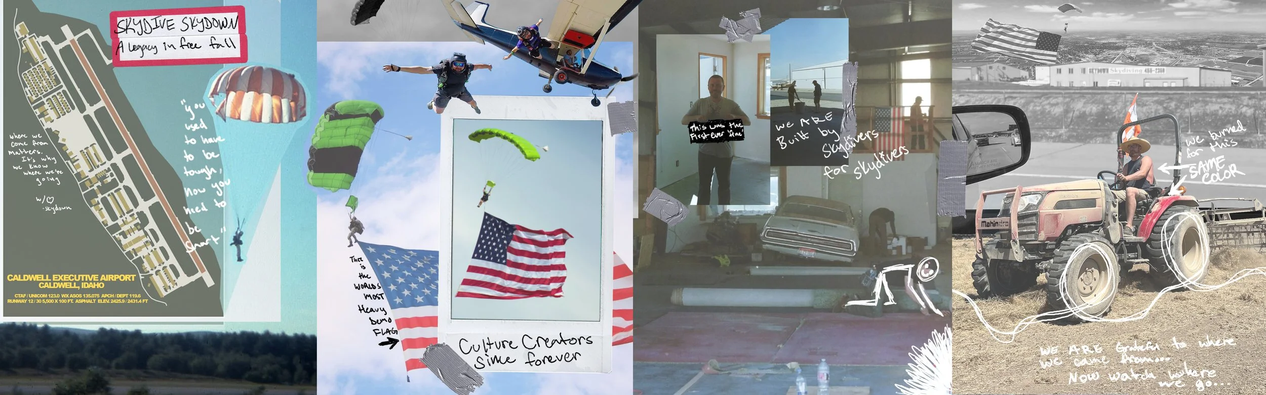 Collage of historical Skydown skydiving photos featuring round canopies, sport jumpers, demo jumps, and a Idaho jump plane from the original dropzone era.