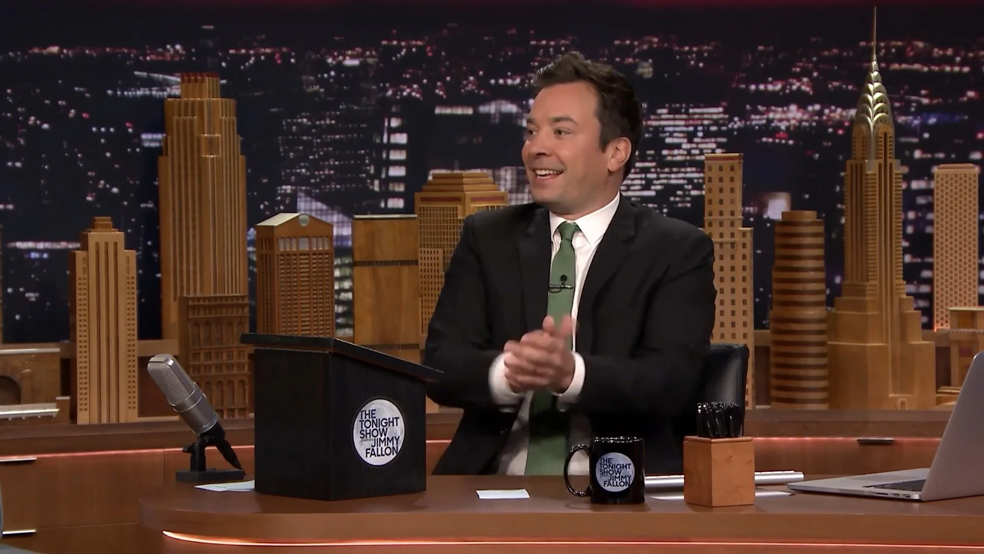 Jimmy Fallon cheering on The Tonight Show as he reacts to the Hashtag the Panda skydive into the Farmstead corn maze with Skydown.