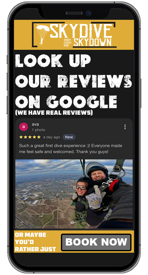 Graphic showing Skydive Skydown Google reviews with a photo of Ava tandem skydiving with Chris Galt.