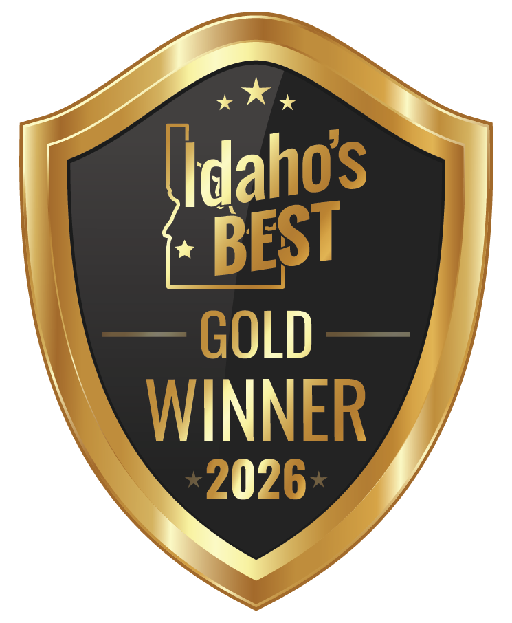 A gold and black shield-shaped badge with the text "Idaho's Best Gold Winner 2026" and stars, indicating an award or recognition.