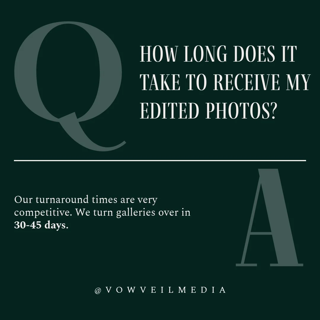 The industry standard for wedding gallery delivery is typically 45-60 days. However, at Vows &amp; Veils, we pride ourselves on offering a highly competitive turnaround time of just 30-45 days. This means you'll get to relive your special moments soo