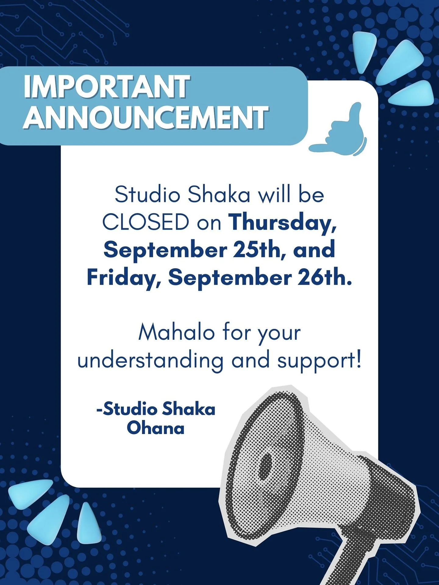 📢✨ Heads up, Studio Shaka &lsquo;Ohana! We&rsquo;ll be closed Sept. 25th &amp; 26th. Thank you for your patience and understanding! 🤙 We can&rsquo;t wait to welcome you back on Monday Sept. 29th! 🙌💯

#StudioShaka