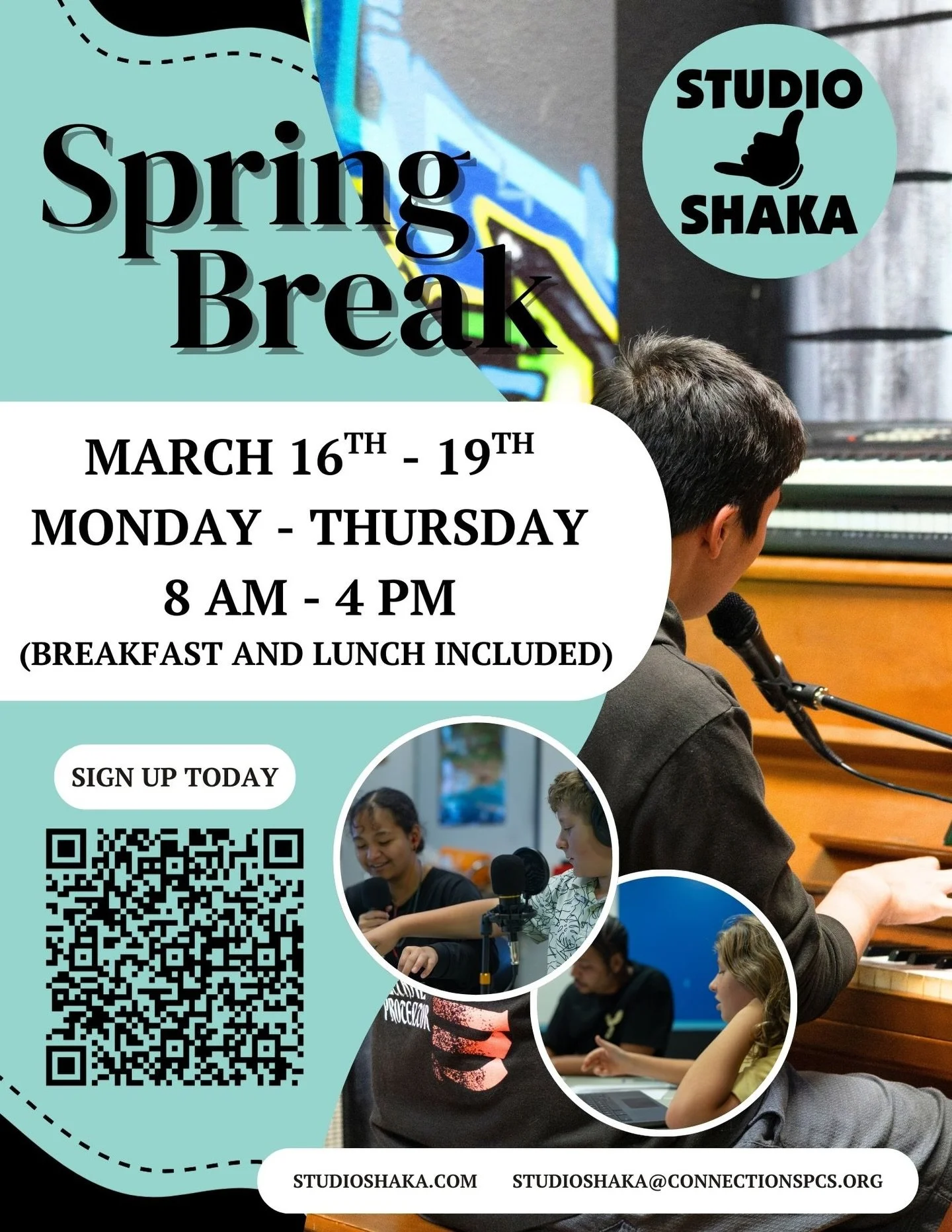Join Studio Shaka this Spring Break for a blast of fun and creativity! 🤩

📅 March 16&ndash;19 (Monday&ndash;Thursday)
⏰ 8AM&ndash;4PM
🥞 Breakfast and lunch included

Spots are limited, so sign up ASAP to guarantee yours 🤙🏽

#StudioShaka #SpringB