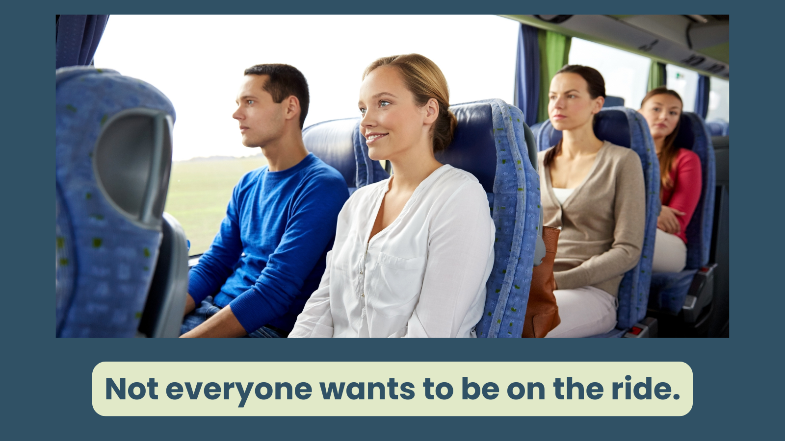 a group of passengers are on the train, they exhibit different levels of engagement and one looks quite pensive