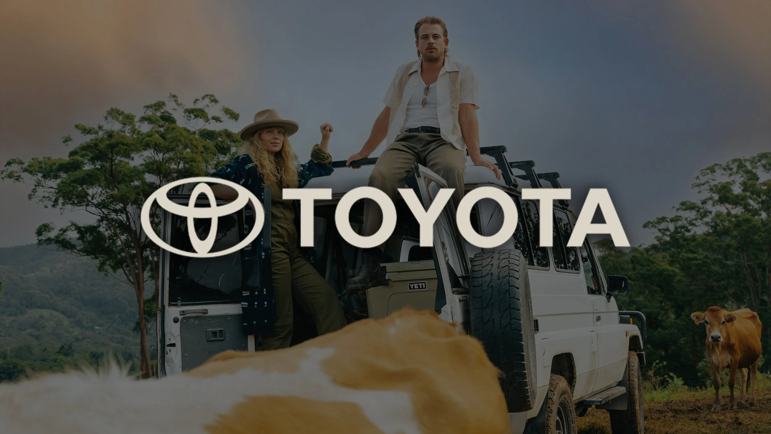 Two people sitting on top of a white Toyota vehicle in a rural rural countryside with cattle nearby, with trees and distant hills in the background.