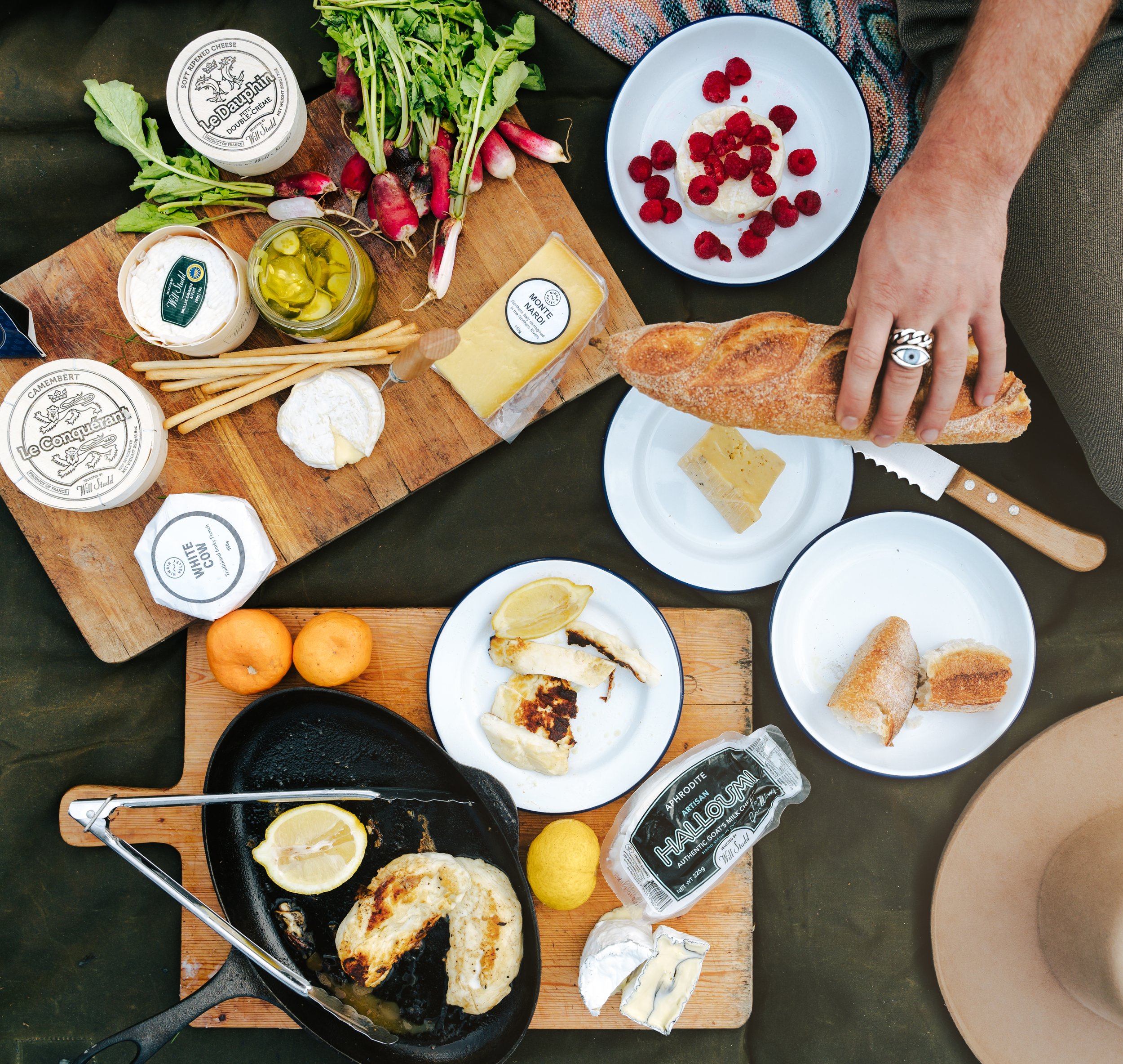 A wooden board with various cheeses, fresh radishes, green leafy vegetables, lemon slices, and jars of olive oil and possibly yogurt, surrounded by white cheese rounds, bread, and oranges, all arranged on a table.