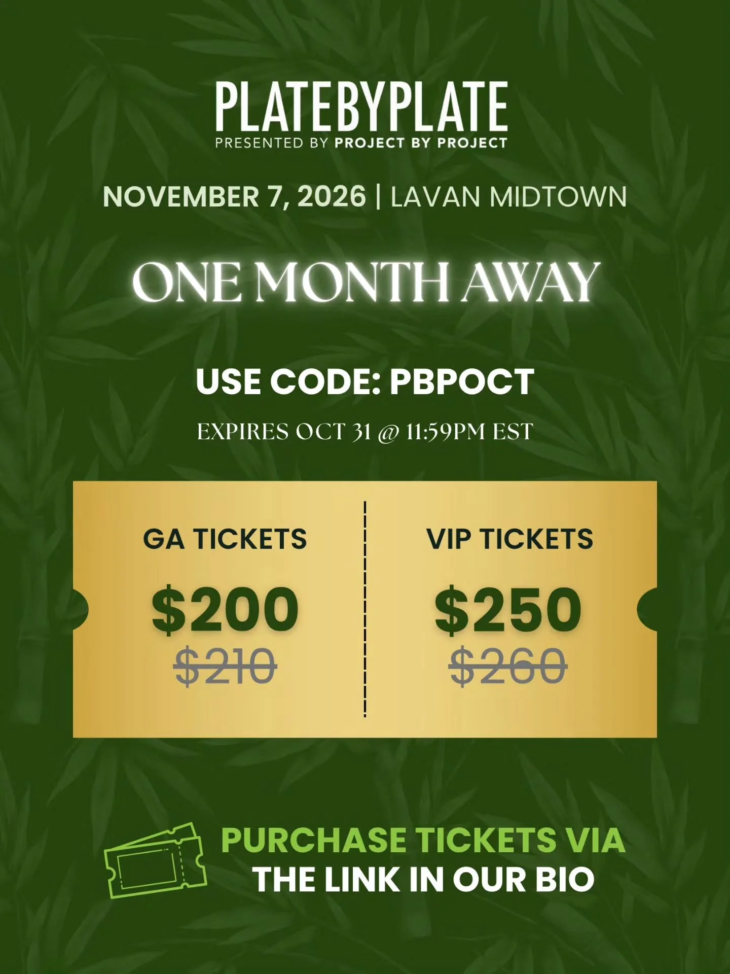 October is here and so is your LAST CHANCE to save!

Plate by Plate NYC is just around the corner, and October is the final month to grab your ticket at a discounted price.

Use code PBPOCT to take $10 off VIP &amp; GA tickets through October 31 at 1