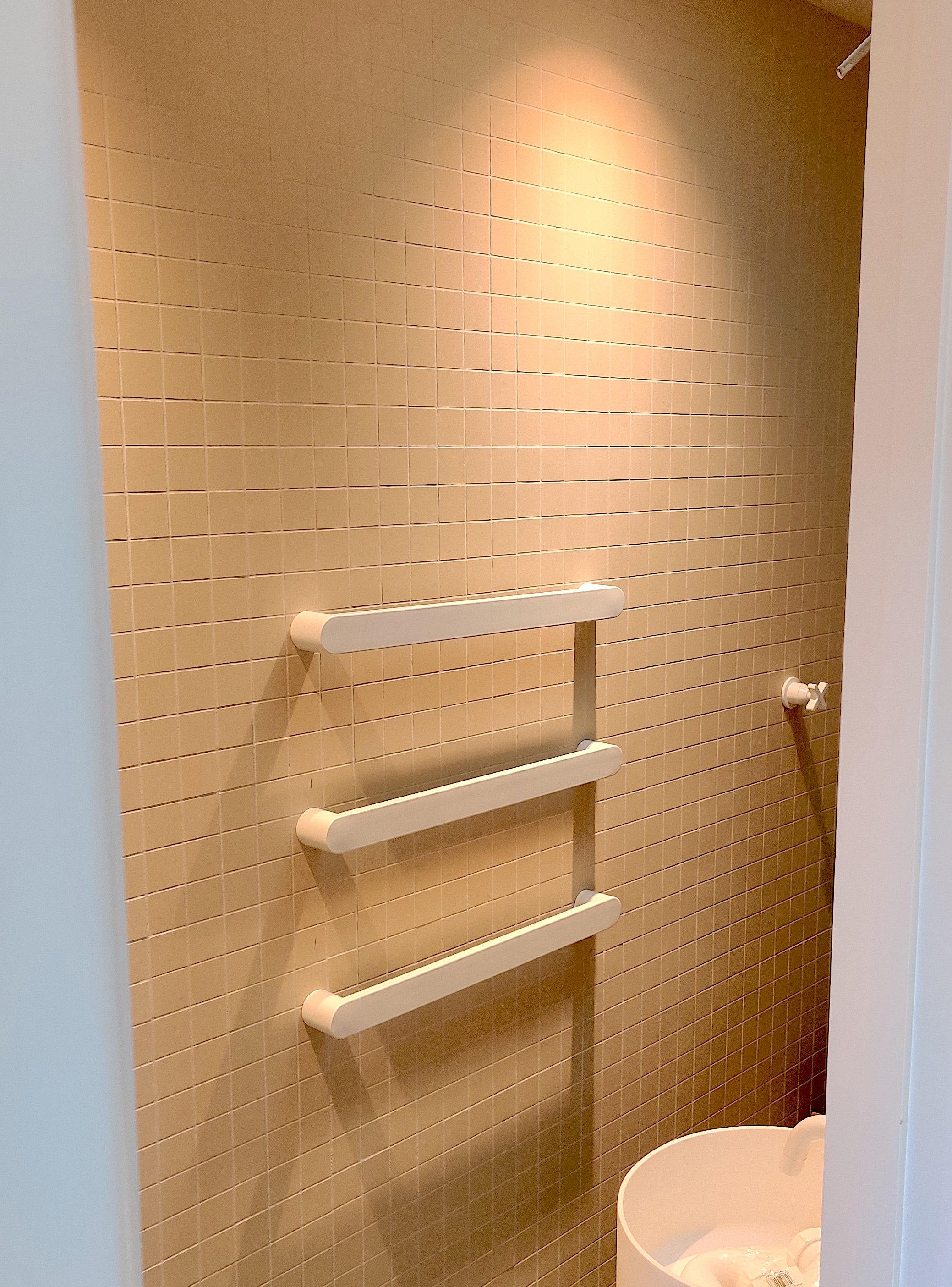Downlights and custom heated towel rails in ensuite bathroom