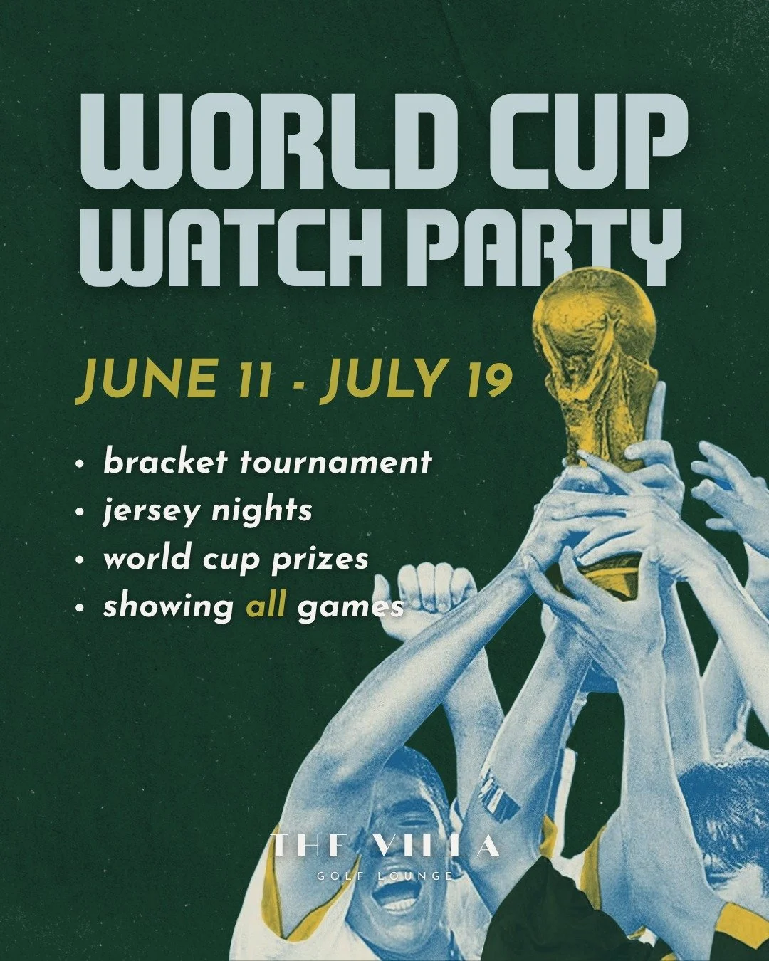 THE WORLD CUP IS HERE 🌎⚽🏆 

For the next month, The Villa is your spot for World Cup soccer.
From opening to close, we'll have World Cup matches on whenever games are being played.

Join our World Cup Bracket Challenge for a chance to win:
&bull; R
