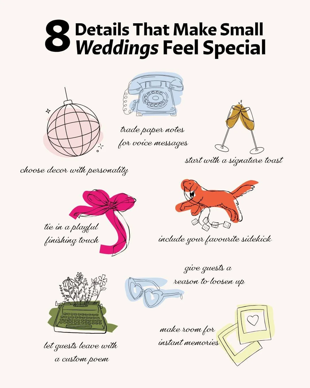 Small weddings hit different when the details are right.
ㅤ
Not more stuff.
Just the right stuff.
ㅤ
These are the kinds of touches that shift the whole feeling of the day; the ones guests actually notice, interact with, and remember.
ㅤ
If you're plann