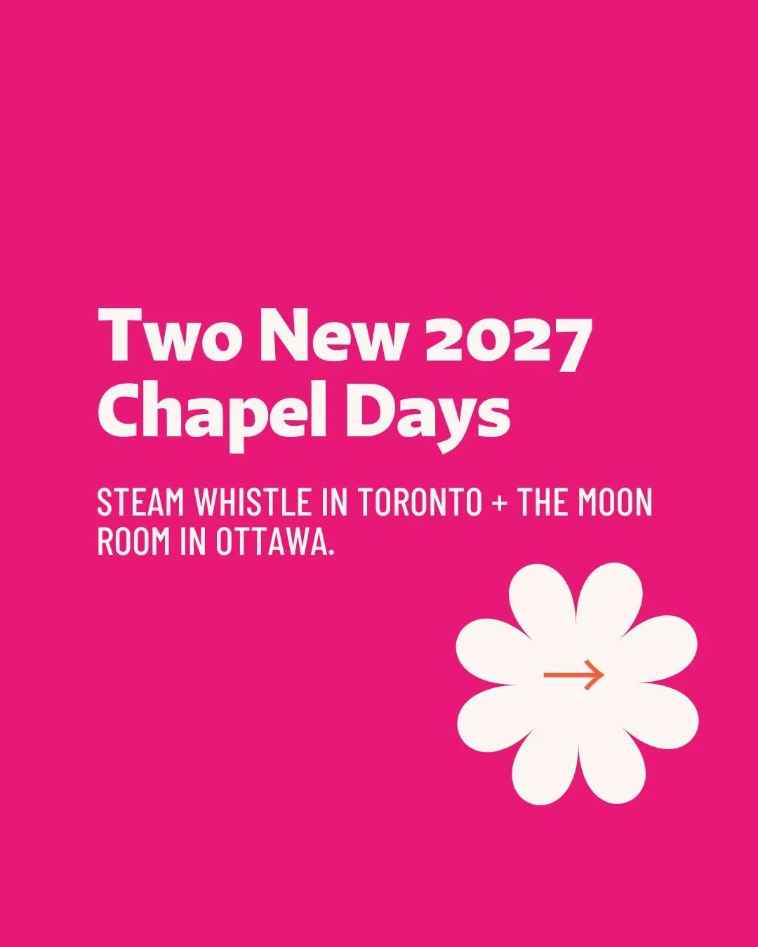 Two brand new chapel days just dropped, and our Yes List gets first dibs on the perks! 💍✨
ㅤ
🍻 STEAM WHISTLE &middot; TORONTO
Sunday, June 6, 2027
Our old friends are back! Say I do in the historic Roundhouse, toast included.
ㅤ
🌙 THE MOON ROOM &mid