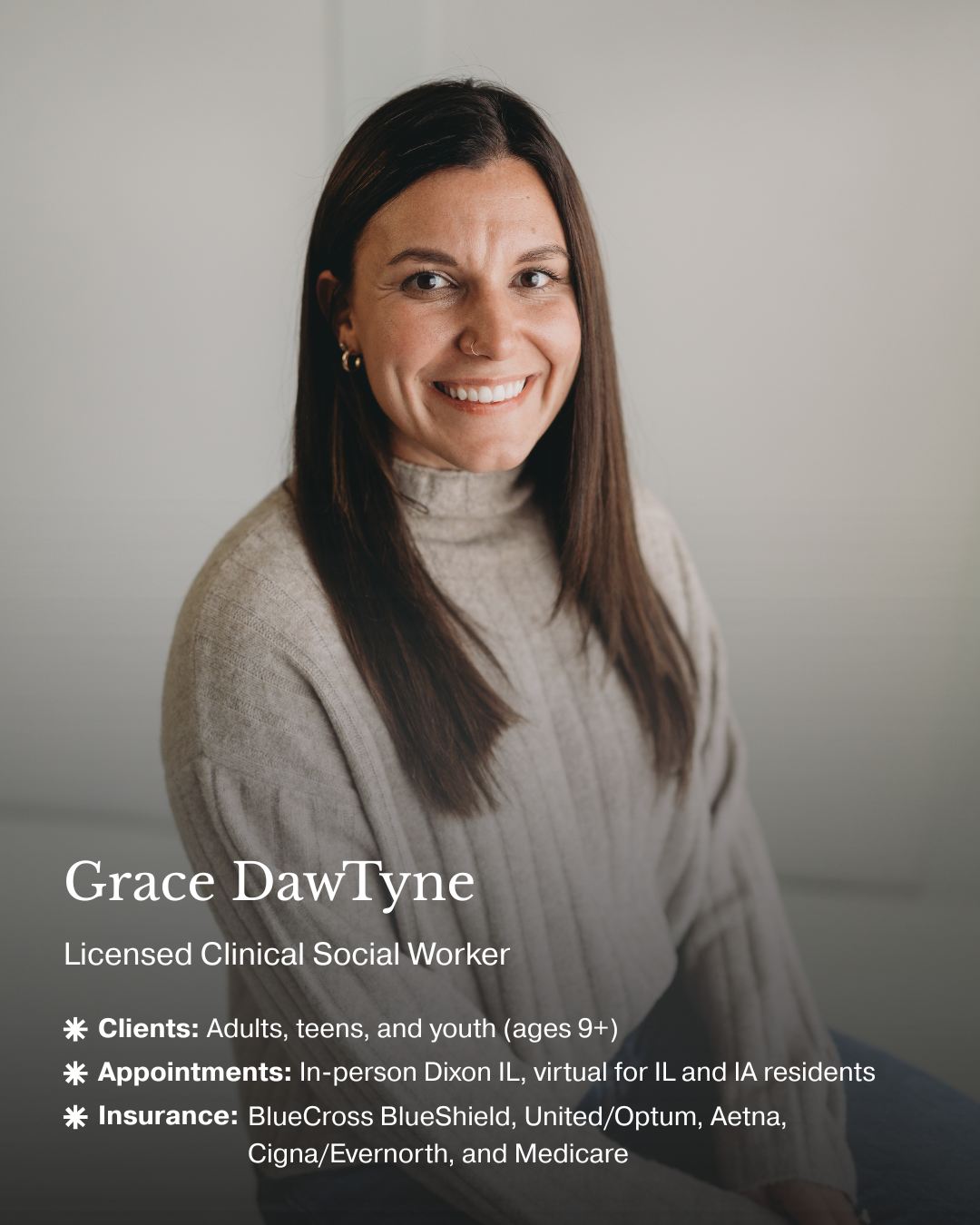 Grace DawTyne, Licensed Clinical Social Worker and youth mental health specialist at Rays of Wellness in Dixon, Illinois.