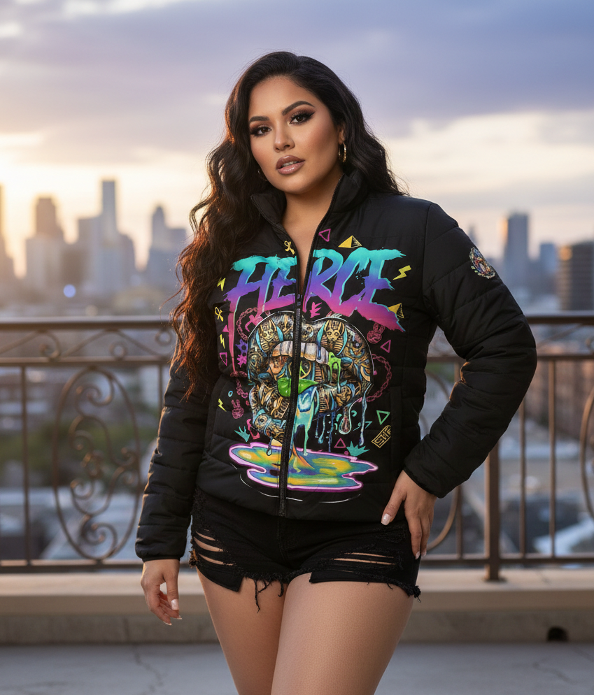 Bacio Unisex Puffer Jacket - 'Fierce' Neon Graffiti Wear