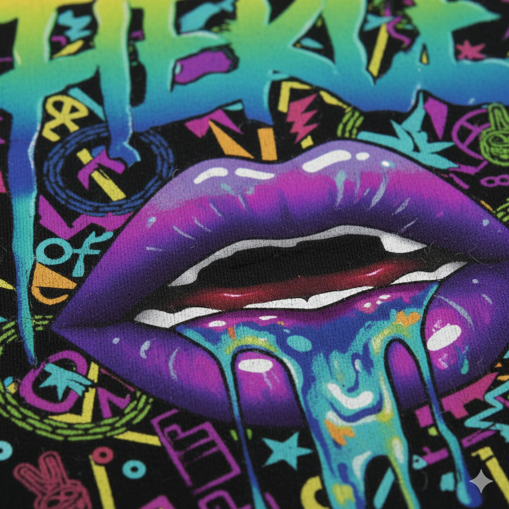 Close-up of colorful graffiti art featuring purple lips with dripping paint in various colors surrounded by vibrant doodles and symbols.