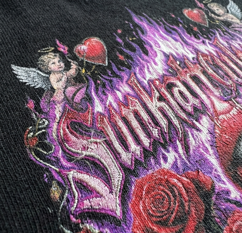 Close-up of embroidered fabric featuring a cartoon cupid with wings, holding a heart-shaped balloon, surrounded by red roses, flames, and stylized, fiery text reading "SKELETONARK" with purple flames in the background.