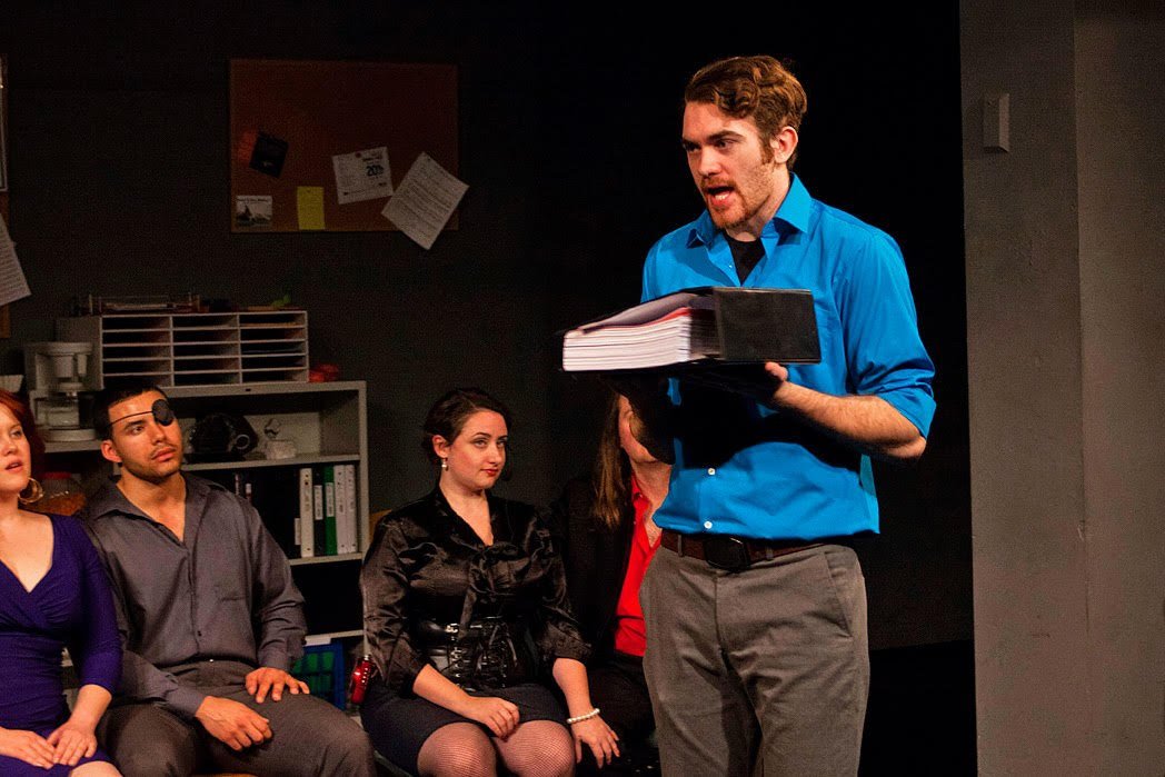 Katelyn Cornelius as Rose Steinem, Davis Aguila as Steven Chester-Carlson, Carrie Williams as Monica Russet-Cameron-Overstreet-Perry-Pitts, Doug Kusak as Martins Cameron-Overstreet-Perry-Pitts, and Matt O'Shea as Doug Pridupaula. Photo by Steve Wagne