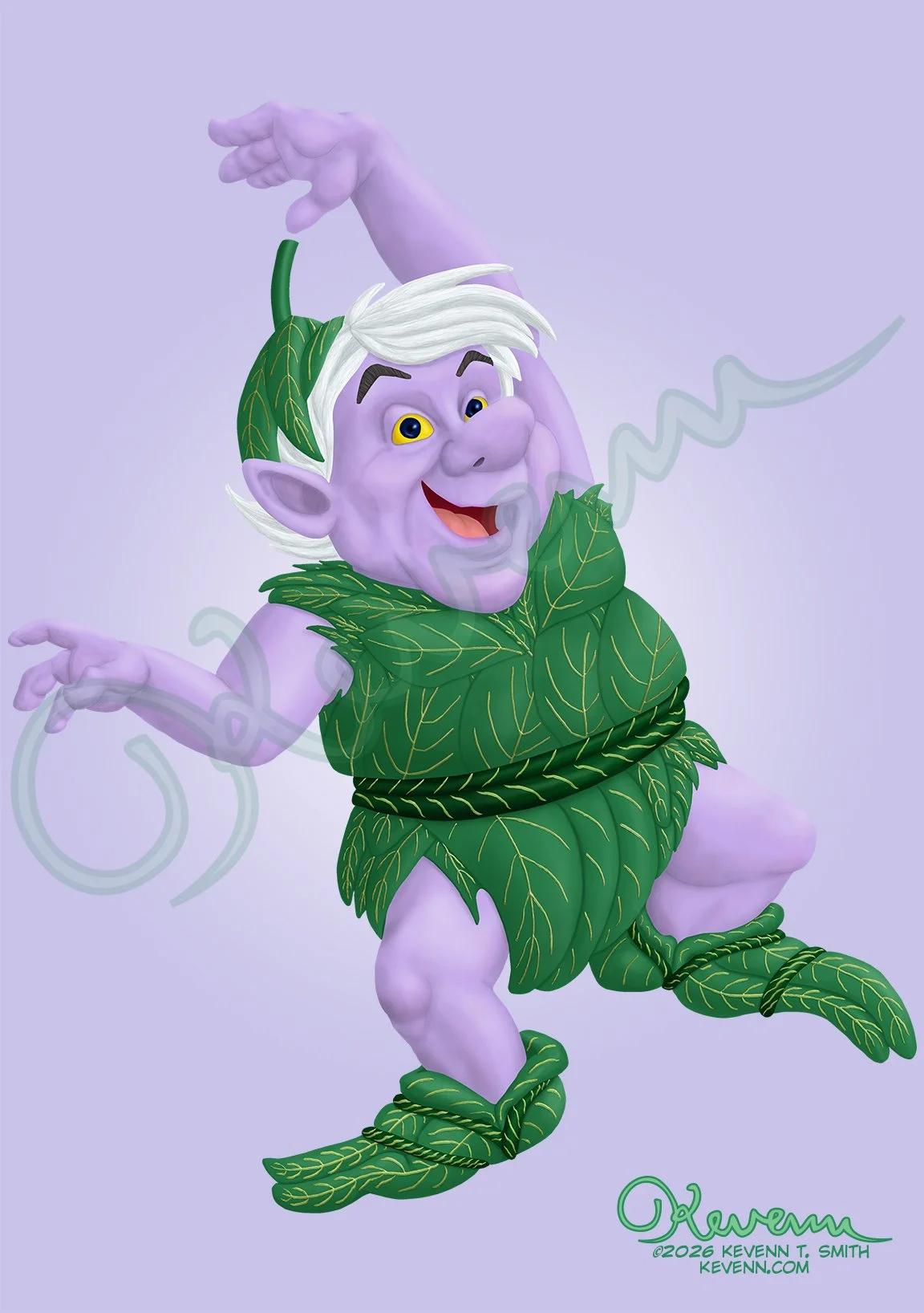 A purple wood elf dressed in green leaves about to do a cartwheel.
