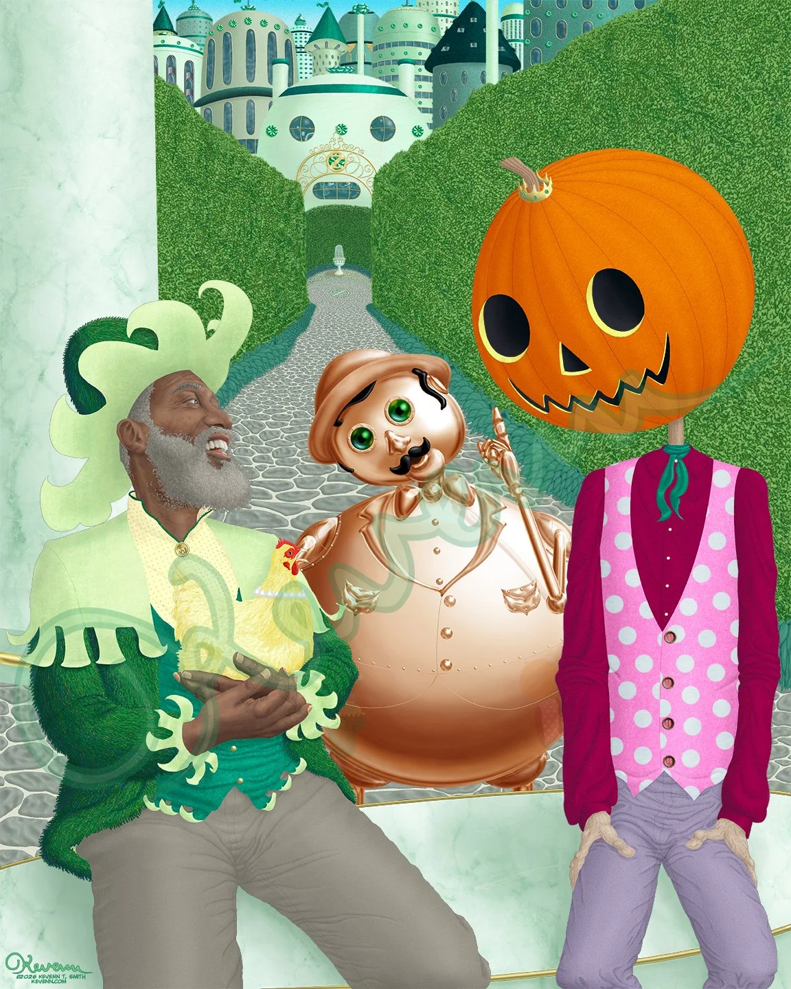 Original illustration of a garden scene in the Emerald City of the Shaggy Man, Billina the hen, Jack Pumpkinhead, and Tik-Tok enjoying a laugh together