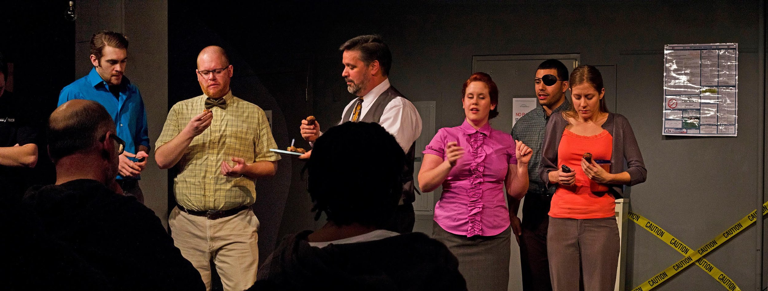 Matt O'Shea as Doug Pridupaula, Michael Prosen as Wallace Jaspers, John Busser of Richard Thorndyke, Katelyn Cornelius as Rose Steinem, Davis Aguila as Steven Chester-Carlson, and Emily Pucell as Lorie Richards. Photo by Steve Wagner.