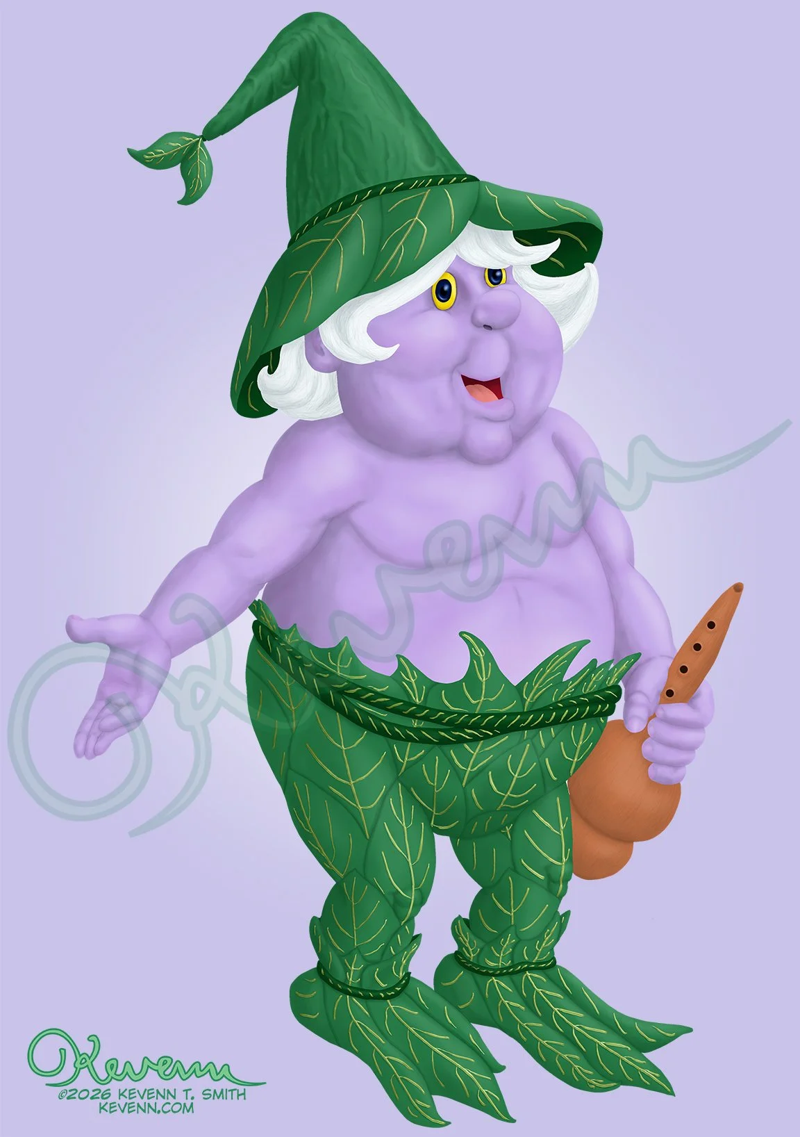 A purple skinned husky wood sprite in pants and a hat made from green leaves carries a wooden recorder