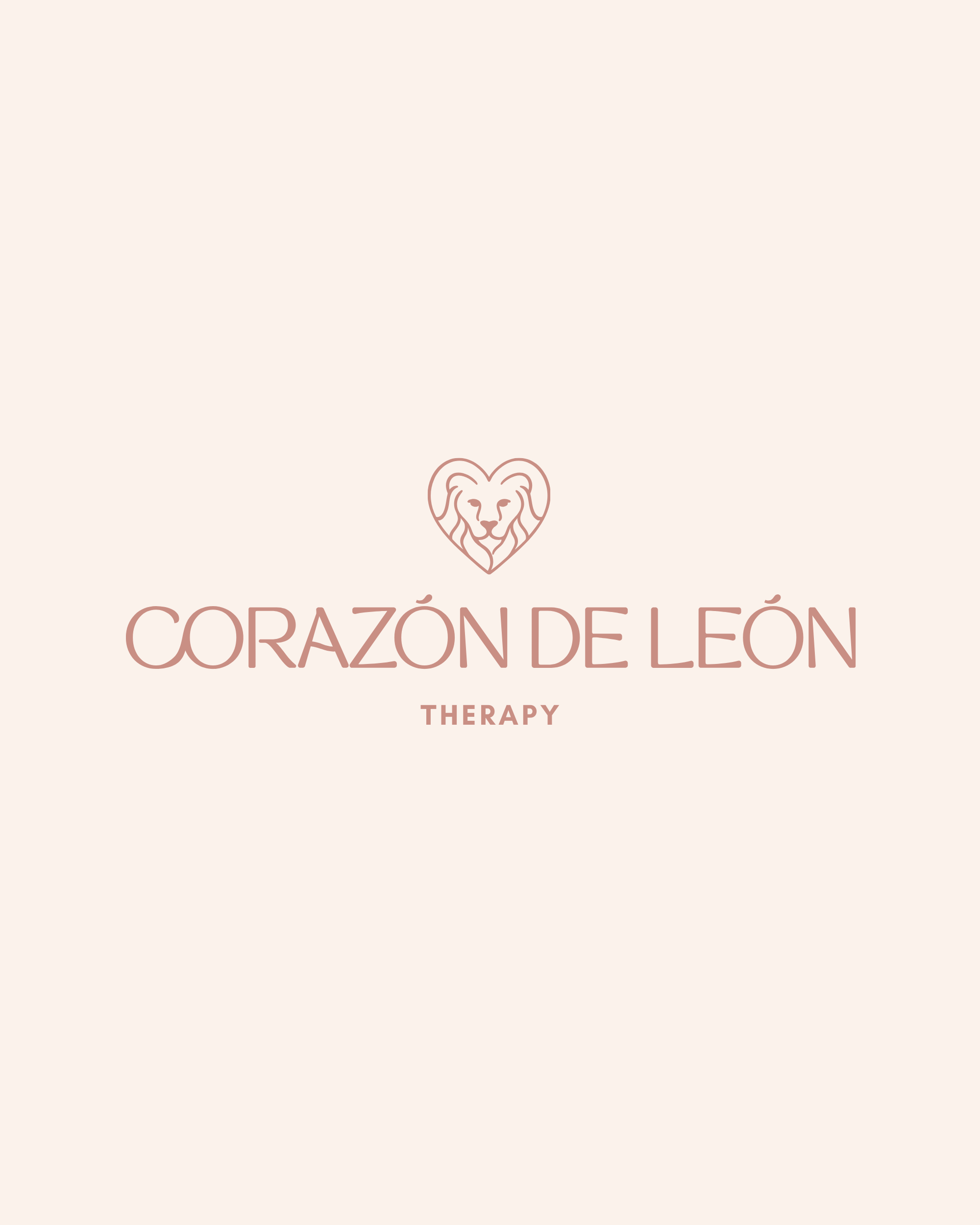 Logo for Corazón de León Therapy featuring a lion's face within a heart outline on a beige background.