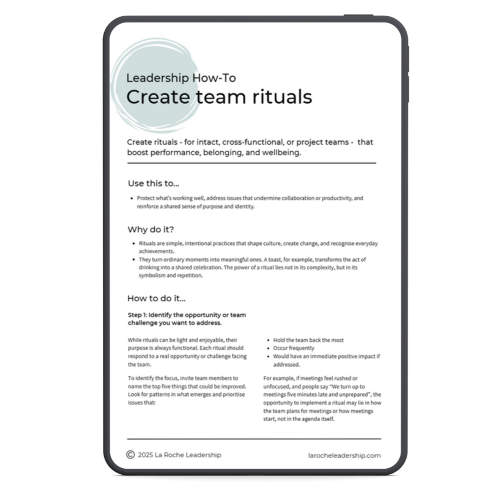 Leadership How-To: Create Team Rituals guide viewed on an iPad.