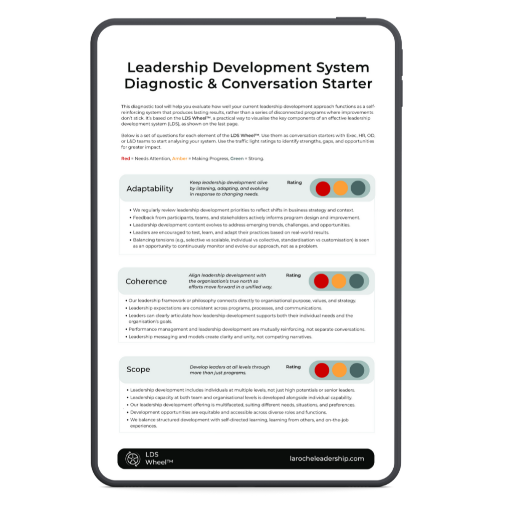 A diagnostic tool designed to start conversations about the strength of the organisation's leadership development system, shown on the screen of a tablet.