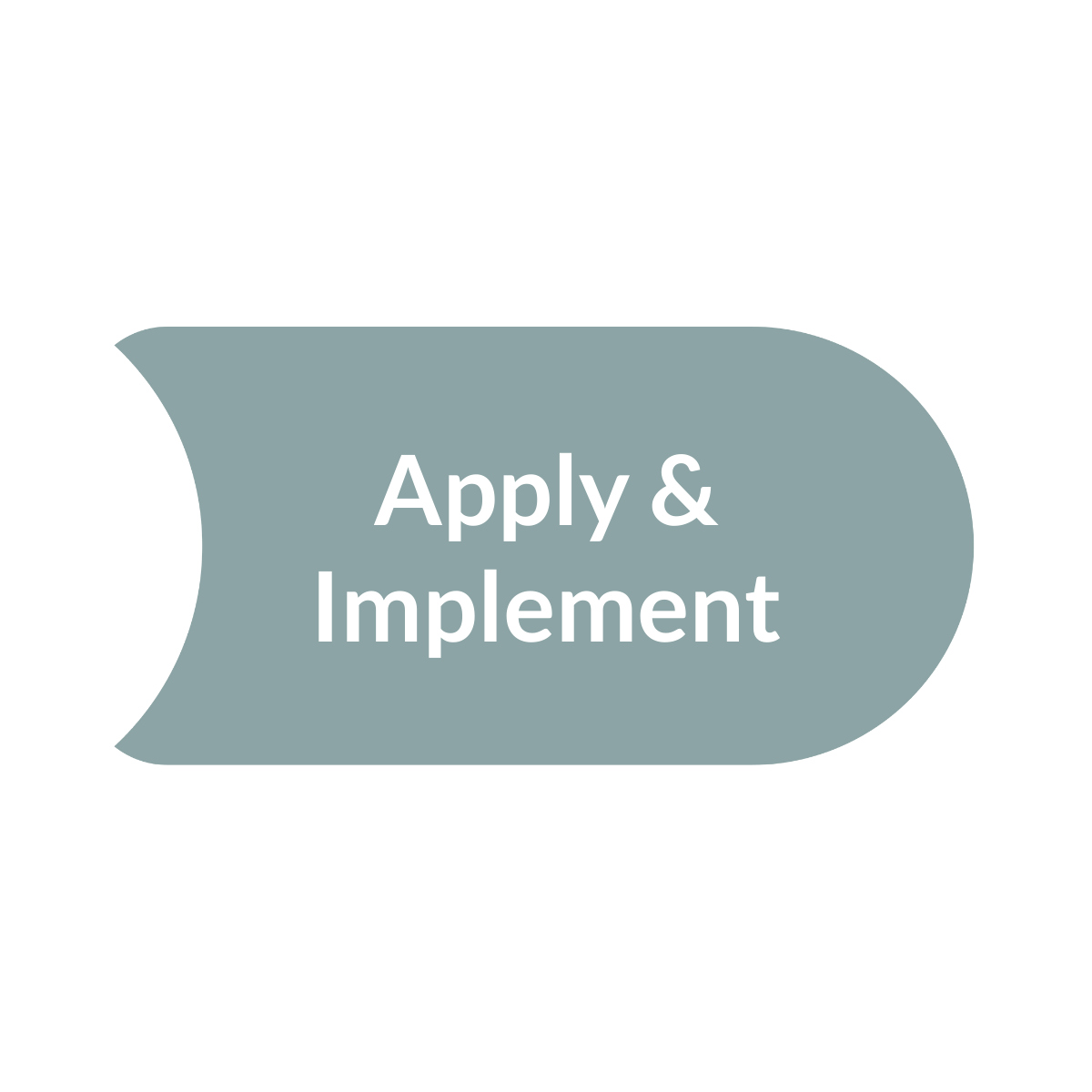 Speech bubble with white text saying 'Apply & Implement'.