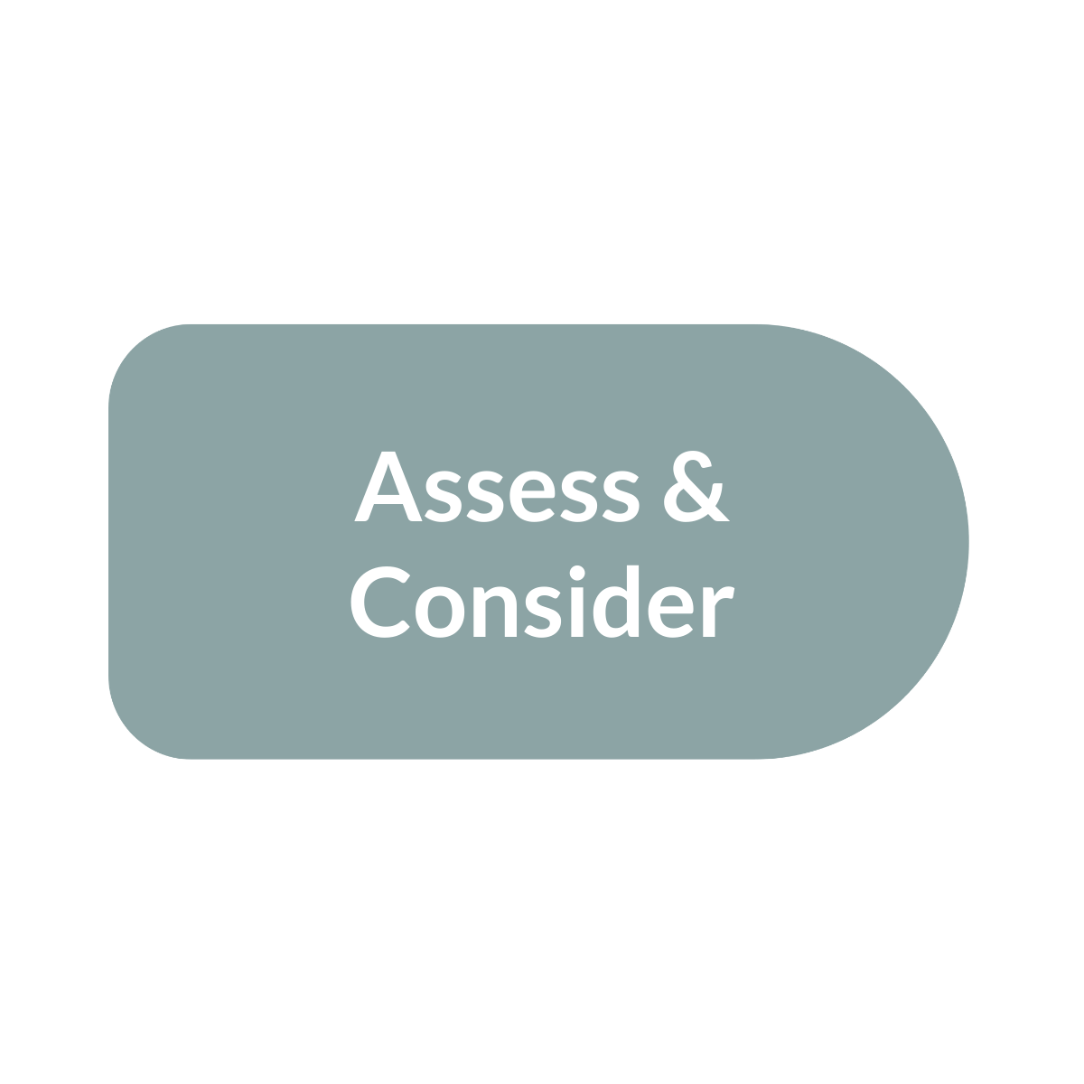 A rounded rectangular button with gray background and white text that says 'Assess & Consider'.