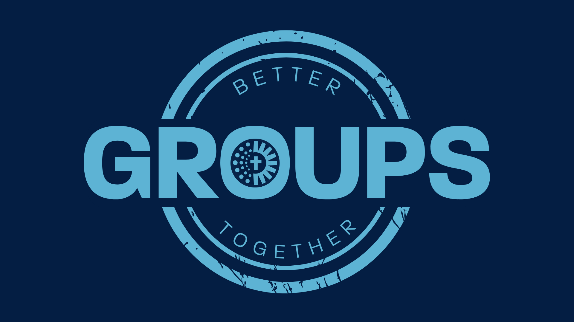 A logo with the words "Better Groups Together" surrounding the word "Groups" in large font, featuring a circular design and a cross in the middle of the letter "O".