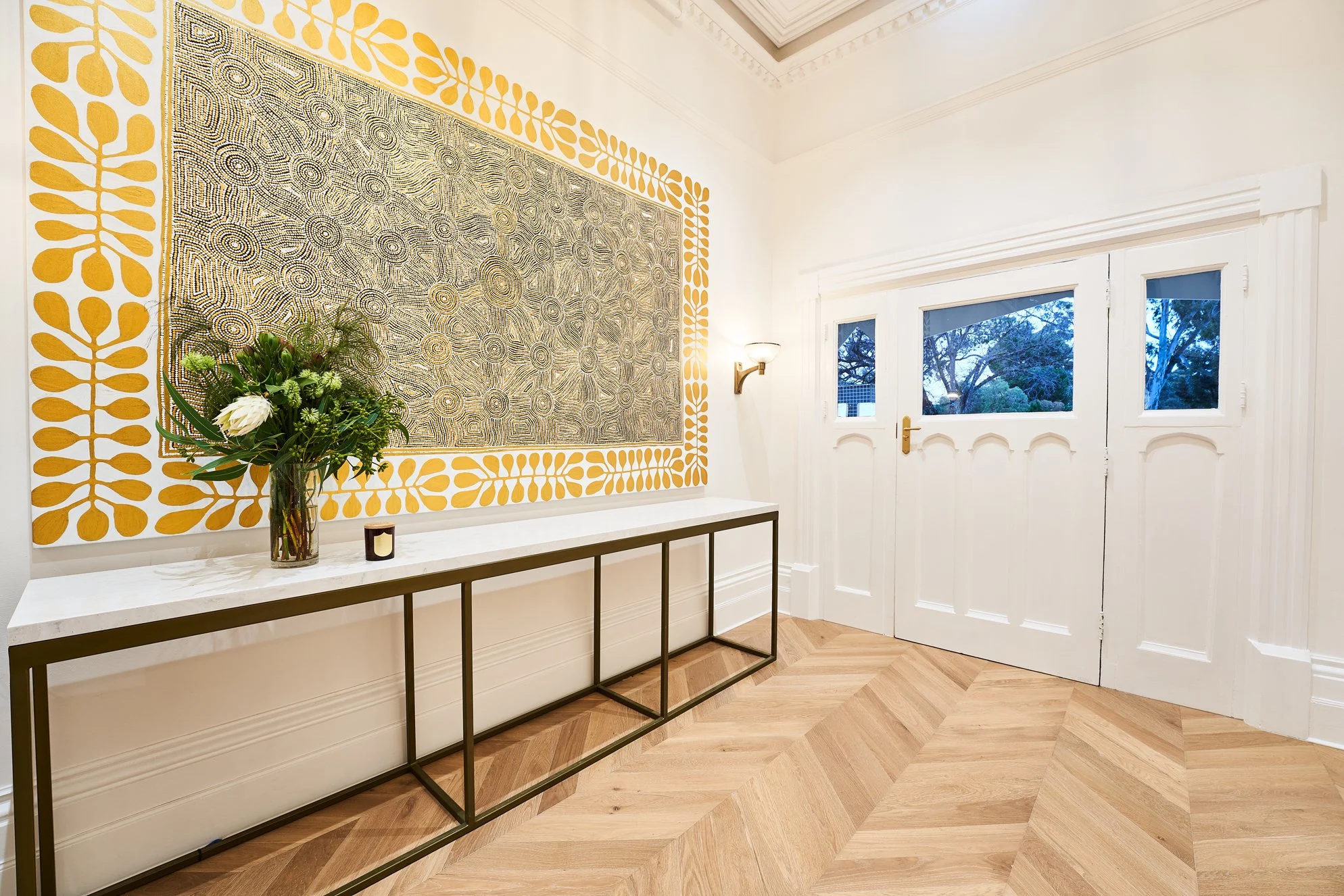Front entrance of Davaar House with natural fibre flooring