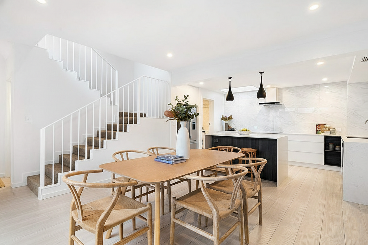 Post renovation Sisal staircase runner leading into modern elevated kitchen