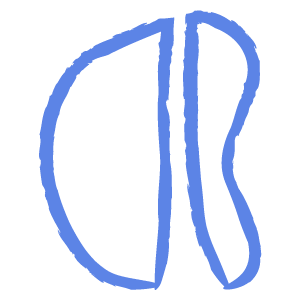 Blue hand-drawn abstract shape resembling the letters C and B intertwined.