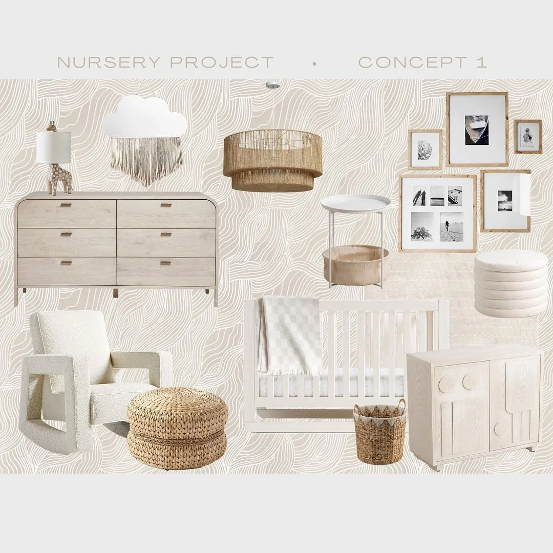 Here&rsquo;s a few of the initial concepts behind my latest project! (keeping the final design under wraps for now 😉) This office to nursery transformation kicks off this week with wallpaper &amp; wainscoting installation. Stay tuned for updates!