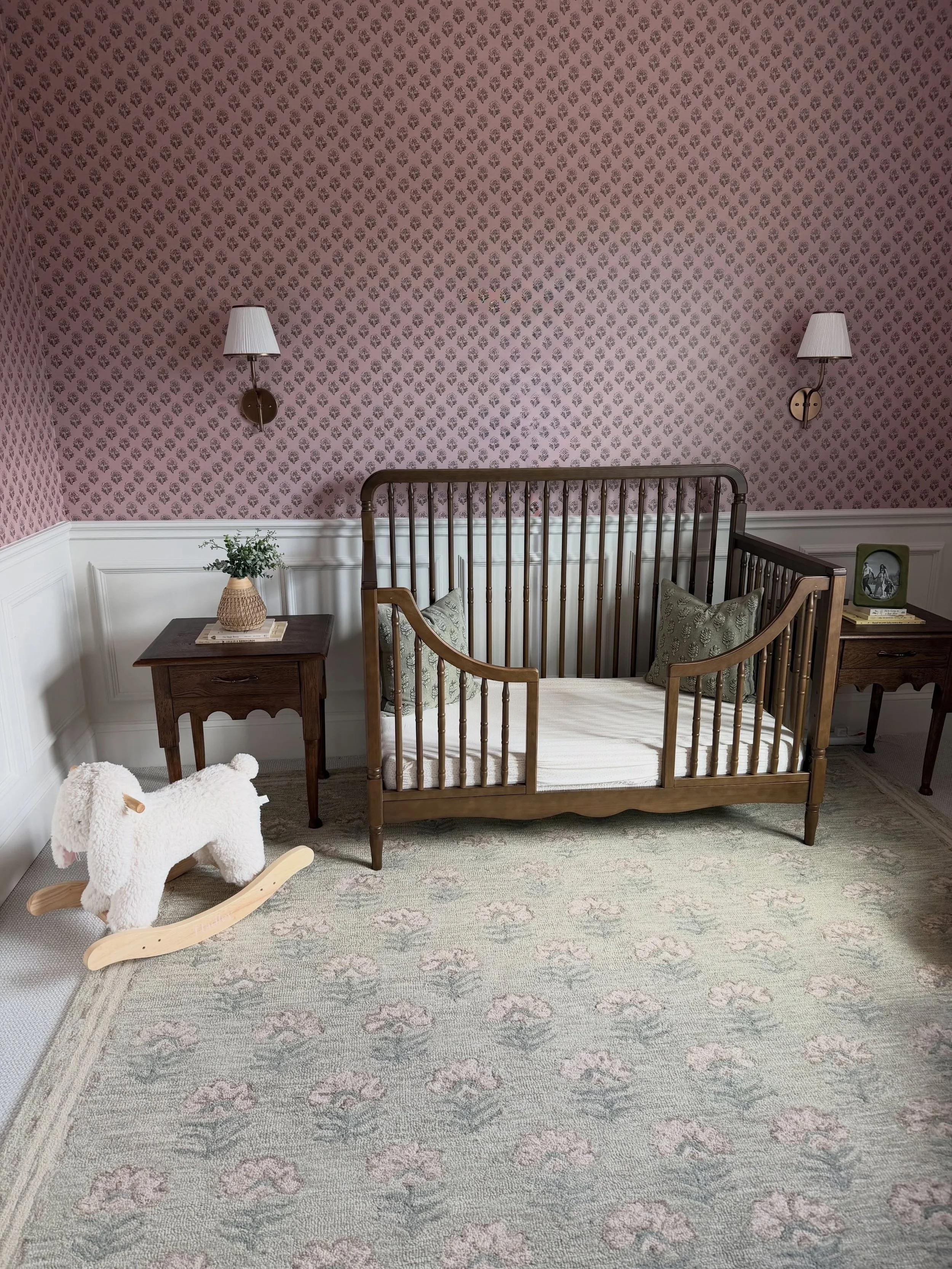 Pure whimsy in this little girls room! Intentionally designed to grow with her - sconces &amp; nightstands placed to flank a queen bed one day, furniture selections that are mature &amp; classic and timeless touches like wainscoting to elevate the sp